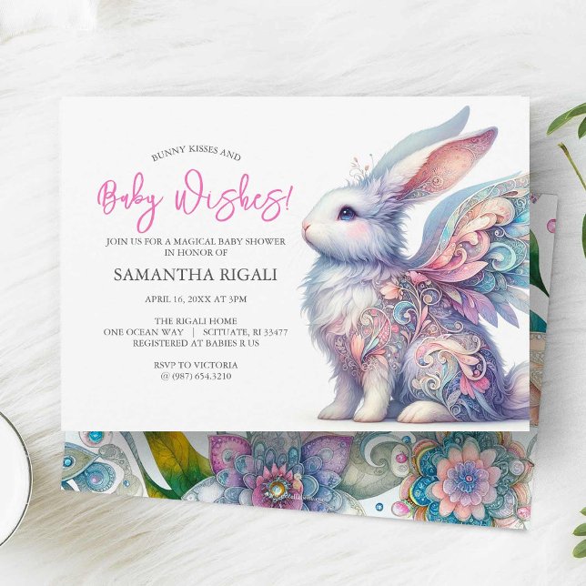Convite Garota Bebê Convidando Primavera Bunny (Whimsical bunny rabbit baby shower invitations )
