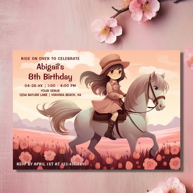 Convite Garota Bonita Andando Cavalo e Flores Rosa Anivers (Front - Cute Girl Riding Horse and Pink Flowers Birthday Invitation)