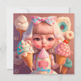 Convite Garota bonita Kawaii com sorvetes