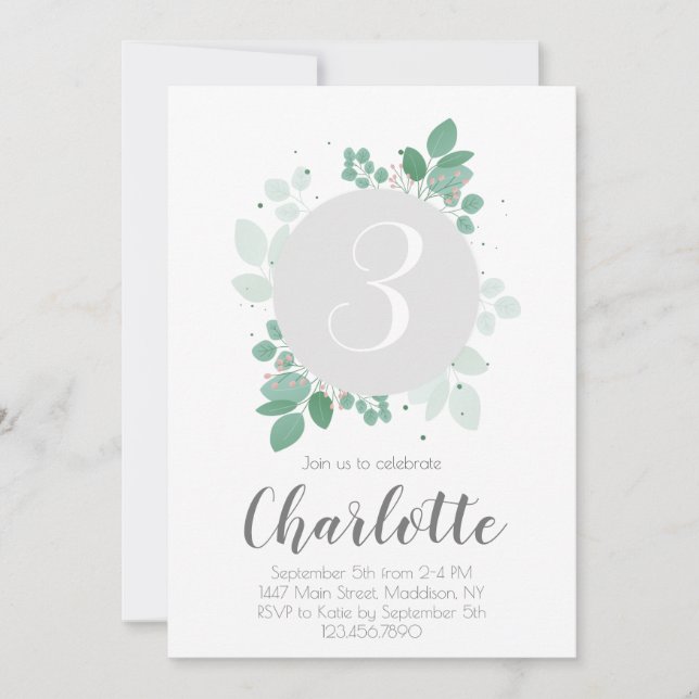 Convite Garota bonito Aniversário Laurel Floral (Frente)