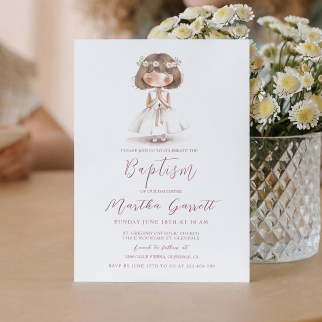 Convite Garota Branca de Vestido Orando Menina Batismo (Criador carregado)