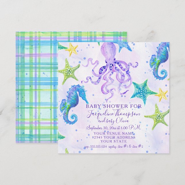 Convite Garota Chá de fraldas Beach Starfish Octopus Seaca (Frente/Verso)
