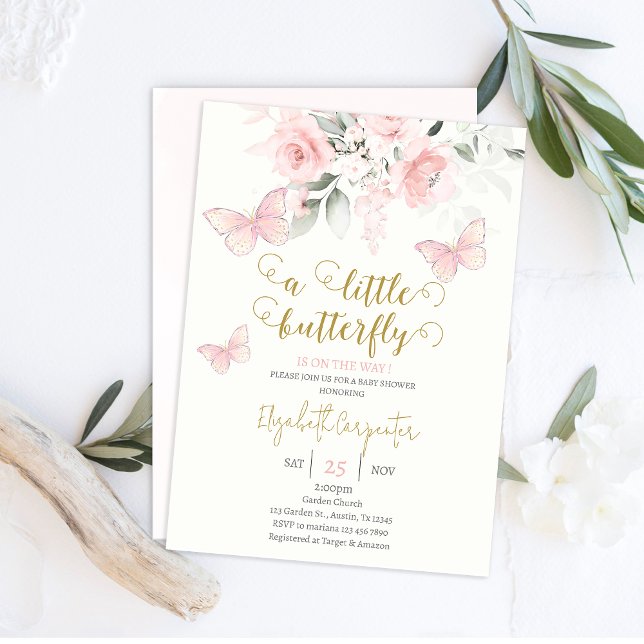 Convite Garota-Chá de fraldas-borboleta rosa (Criador carregado)