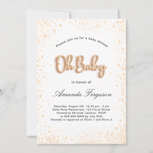 Convite Garota chá de fraldas branca dourada (Frente)