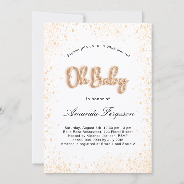 Convite Garota chá de fraldas branca dourada (Frente)