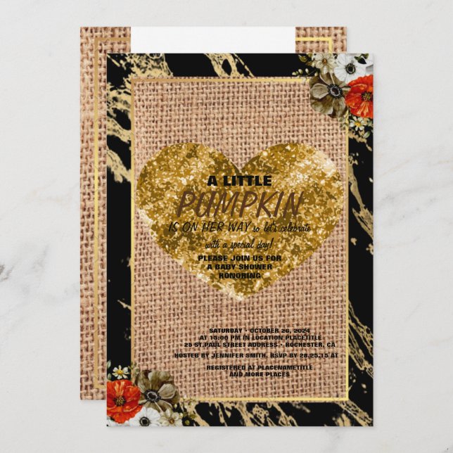 Convite Garota Chá de fraldas Cai Pumpkin Russo Burlap Woo (Frente/Verso)