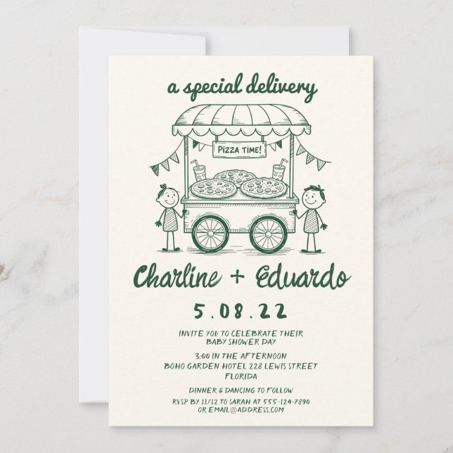Convite Garota chá de fraldas de doodle da pizza de entreg (Frente)