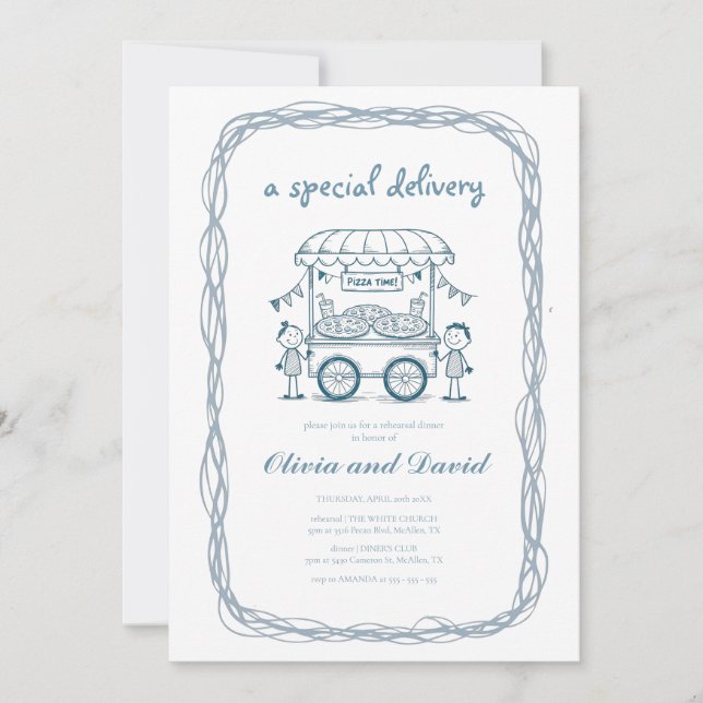 Convite Garota chá de fraldas de doodle da pizza de entreg (Frente)