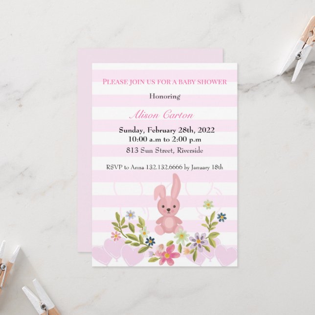 Convite Garota-chá de fraldas de listras-rosadas bonitas (Frente/Verso In Situ)