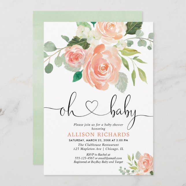 Convite Garota chá de fraldas floral aquarela verde (Frente/Verso)