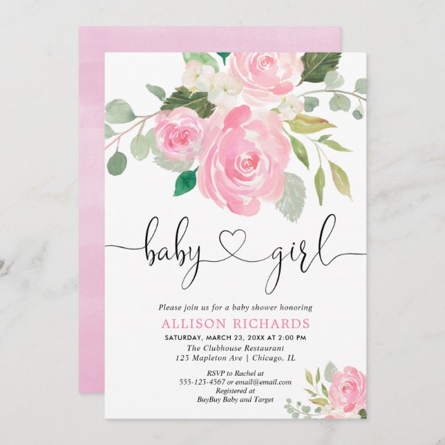 Convite Garota chá de fraldas floral aquarelas cor-de-rosa (Frente/Verso)