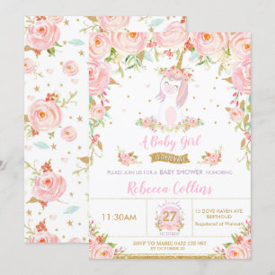 Convite Garota Chá de fraldas Floral Cinzenta Branca