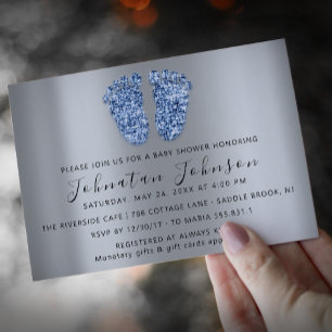 Convite Garota chá de fraldas Glitter Blue Feet Cinza