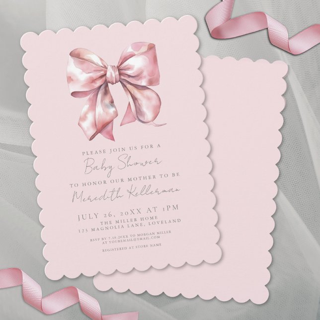 Convite Garota Chá de fraldas rosa-d-água (Watercolor Pink Bow Baby Shower Girl Invitation)