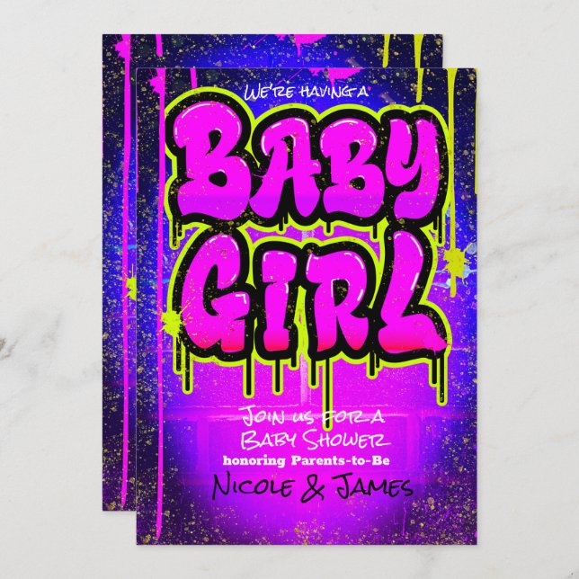 Convite Garota Chá de fraldas Rosa Verde Roxo (Frente/Verso)