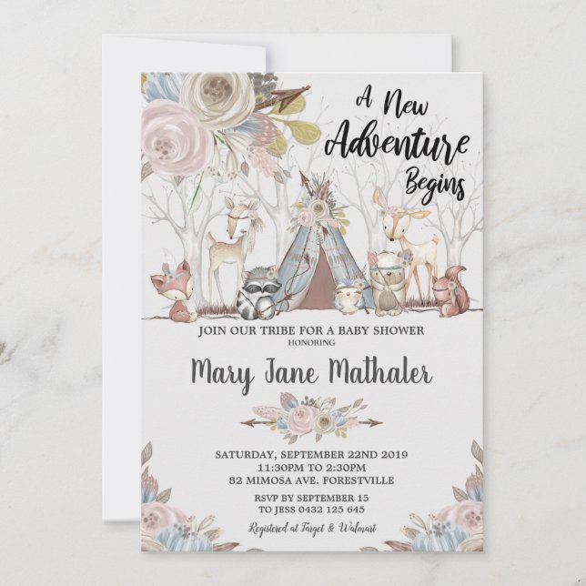 Convite Garota Chá de fraldas Tribal Woodland (Frente)