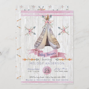 Convite Garota Chá Rosa Boho Chic Teepee & Arrows