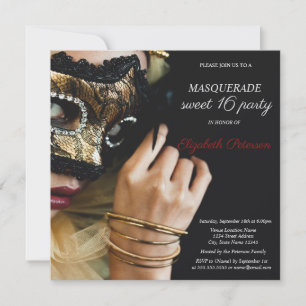 Convite Garota Chic de Mascarada Máscara Preto Sweet 16