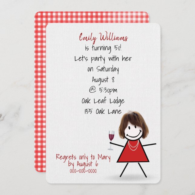 Convite Garota da Festa de aniversário 50ª com Vinho (Frente/Verso)