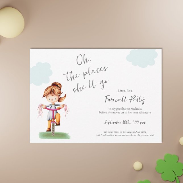 Convite Garota da Sorte Andando de Bike Festa de Despedida (Farewell graduation invitation with a girl riding a bicycle illustration)