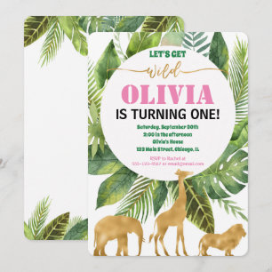 Convite garota de 1º aniversário na selva safari wild one