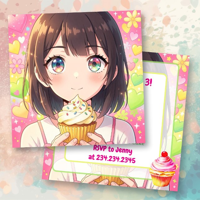 Convite Garota de Anime e Bolo de Aniversário   (Criador carregado)