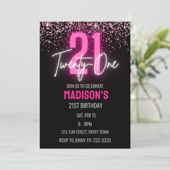 Convite Garota de aniversário de 21 anos Neon Rosa (Em pé/Frente)