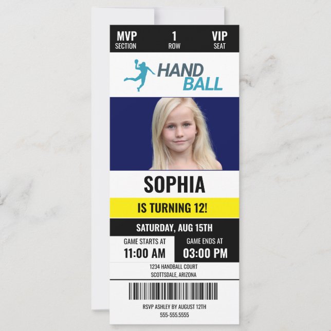 Convite Garota de aniversário de handebol, jogador de hand (Frente)