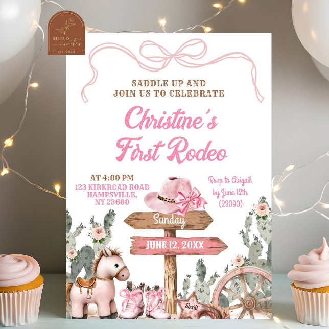 Convite Garota de Aniversário do Primeiro Rodeio Pink Coqu (Criador carregado)