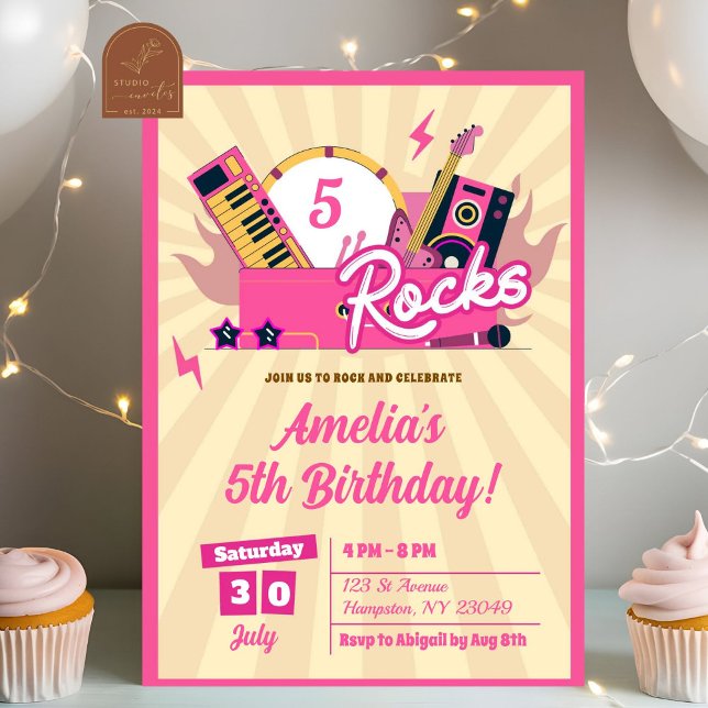 Convite Garota de Aniversário Pink Rocks  (Criador carregado)