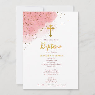 Convite Garota de Batismo Dourado com Glitter de Aquarela