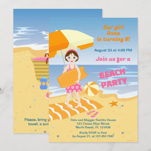 Convite Garota de bodyboard diversão festa de aniversário 