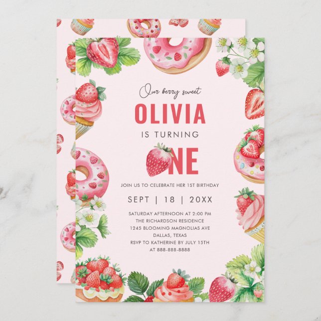 Convite Garota de morango rosa-primeiro aniversario-doce (Frente/Verso)