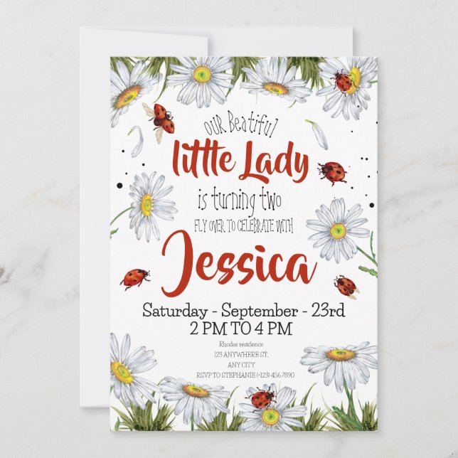 Convite Garota de Nascimento Cóta de Watercolor Ladybug (Frente)