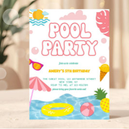 Convite Garota de Pastel Rosa Festa de Piscina de Verão
