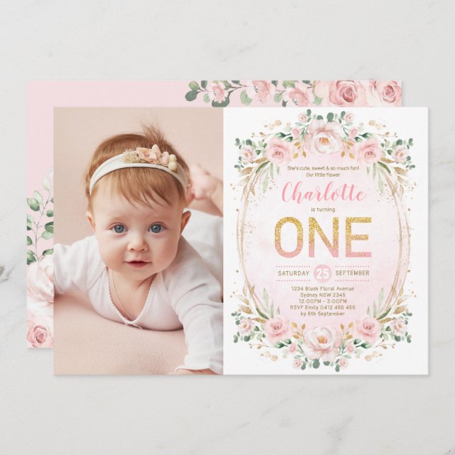 Convite Garota de primeiro aniversario com brilho do venti (Frente/Verso)