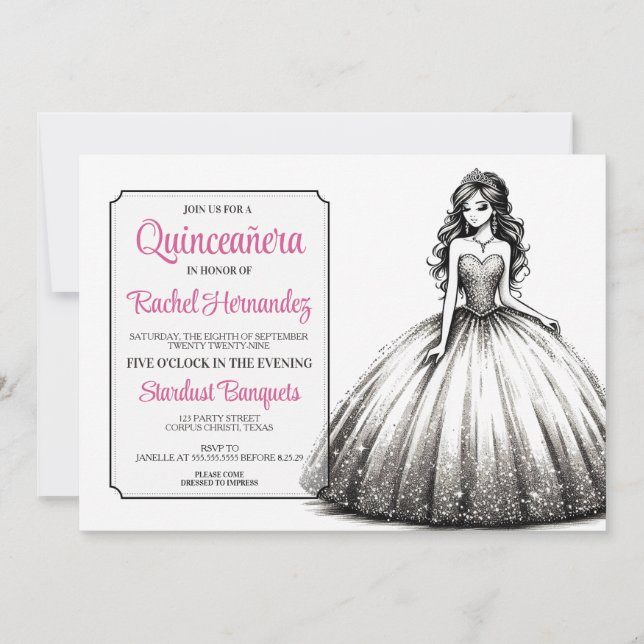 Convite Garota de Quinceañera Preto e Branco (Frente)