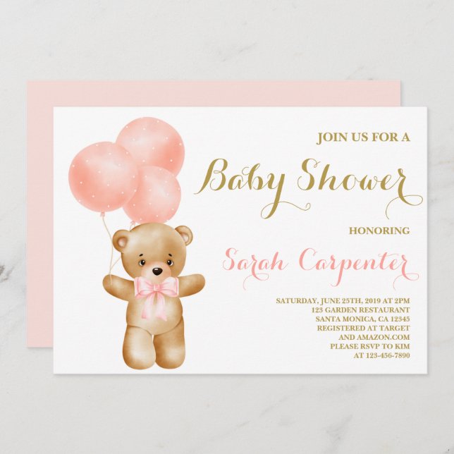 Convite Garota do Chá de fraldas do Urso Rosa (Frente/Verso)