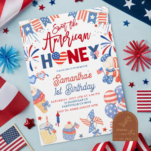 Convite Garota do Dia 4 de Julho Mel Americano Aniversário