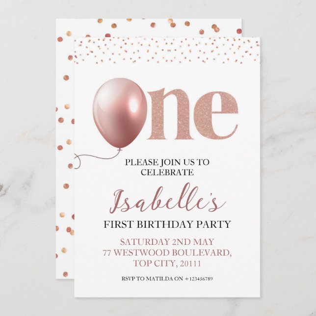 Convite Garota do Primeiro Aniversário Rosa Dourada Link (Frente/Verso)