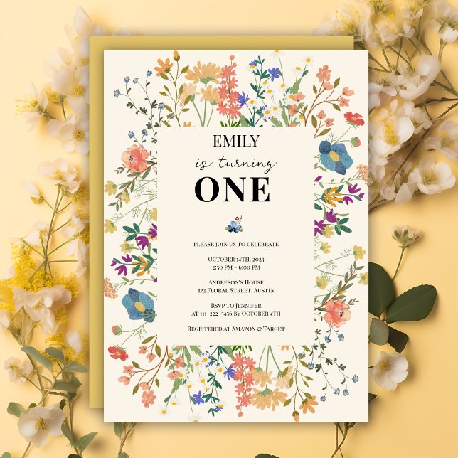 Convite Garota do Tema de Flor Selvagem Primeiro Aniversár (Criador carregado)