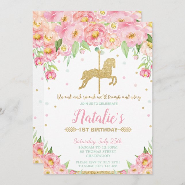 Convite Garota Dourada e floral rosa primeiro aniversario (Frente/Verso)