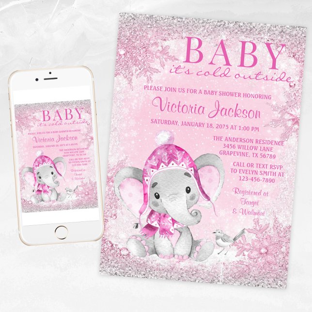 Convite Garota Elefante Bebê é Fria Fora do Chá de fraldas (Baby it's cold outside! winter wonderland baby shower invitation with adorable winter elephant.)