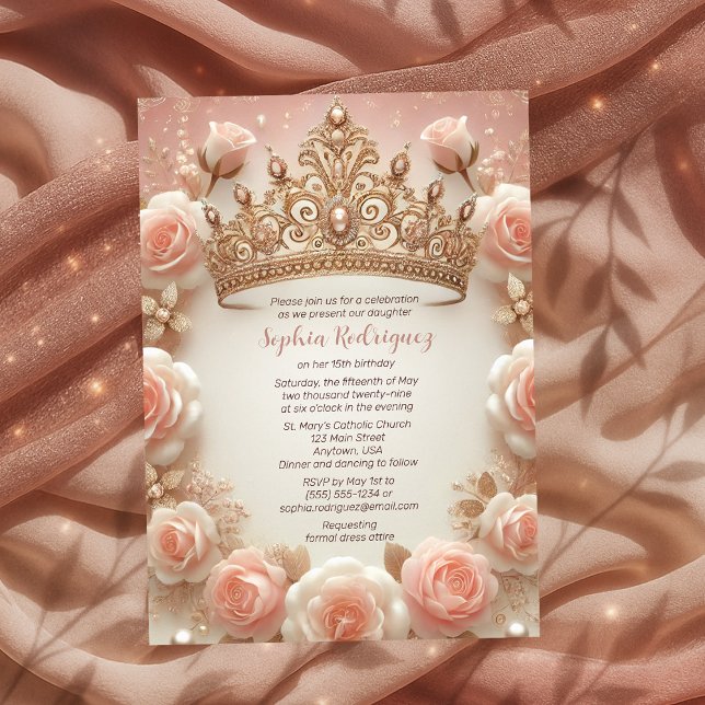 Convite Garota Elegante Rosa Escova Quinceañera (Teen Girl Elegant Blush Roses Crown Quinceañera Invitation)