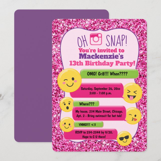 Convite Garota Emoji Aniversário Adolescente Tween Brilho  (Frente/Verso)