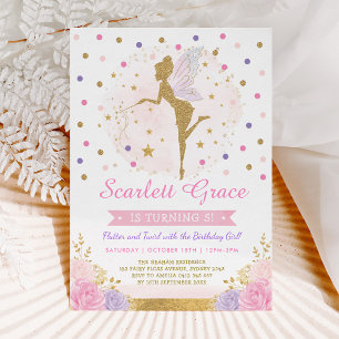 Convite Garota Fada Blush Floral Rosa Aniversário