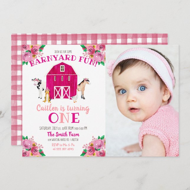 Convite Garota Fazenda Rosa Barnyard Birthday Bash Cow Hor (Frente/Verso)