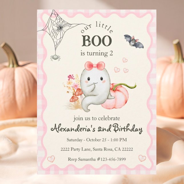 Convite Garota Festa de aniversário Rosa Fantasma (Cute Ghost Boo Turning 2 Birthday Party Invitation. Easy to personalize.)