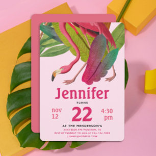 Convite Garota Flamingo Rosa, Rosa, Tropical Aloha Summer 
