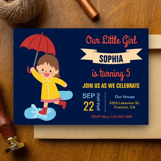 Convite Garota Fofa com Guarda-chuva | Festa de Aniversári (Criador carregado)